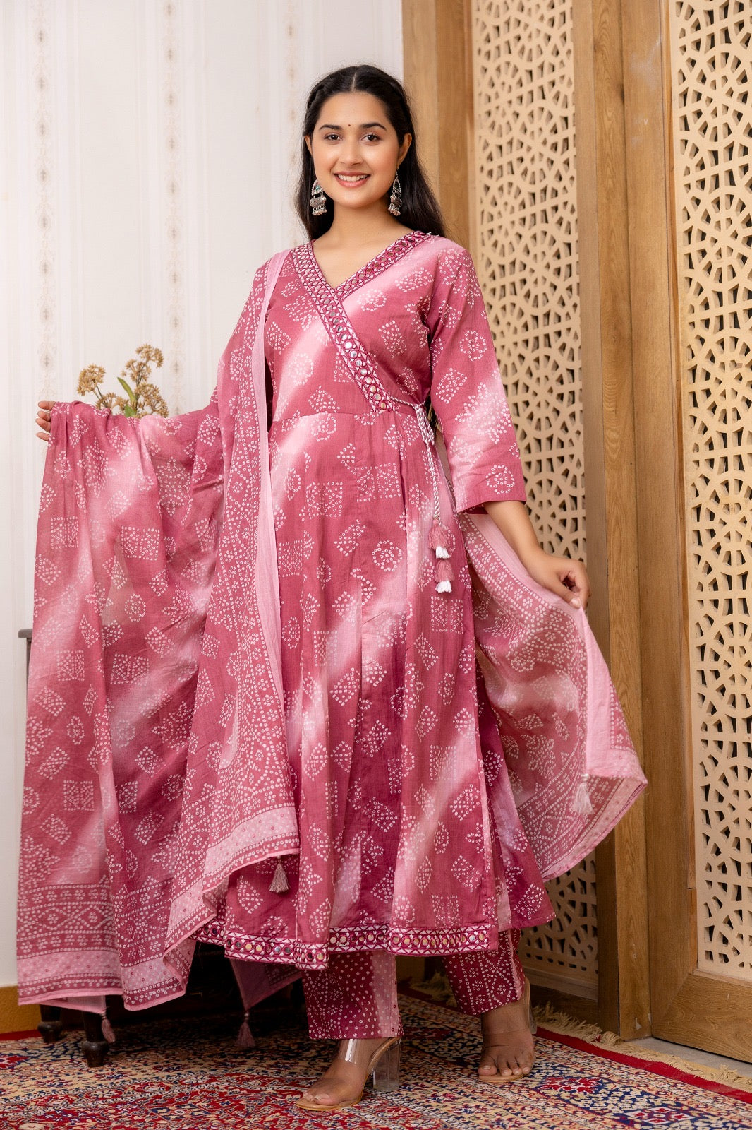 Pink Bandhani Anarkali Suit Set