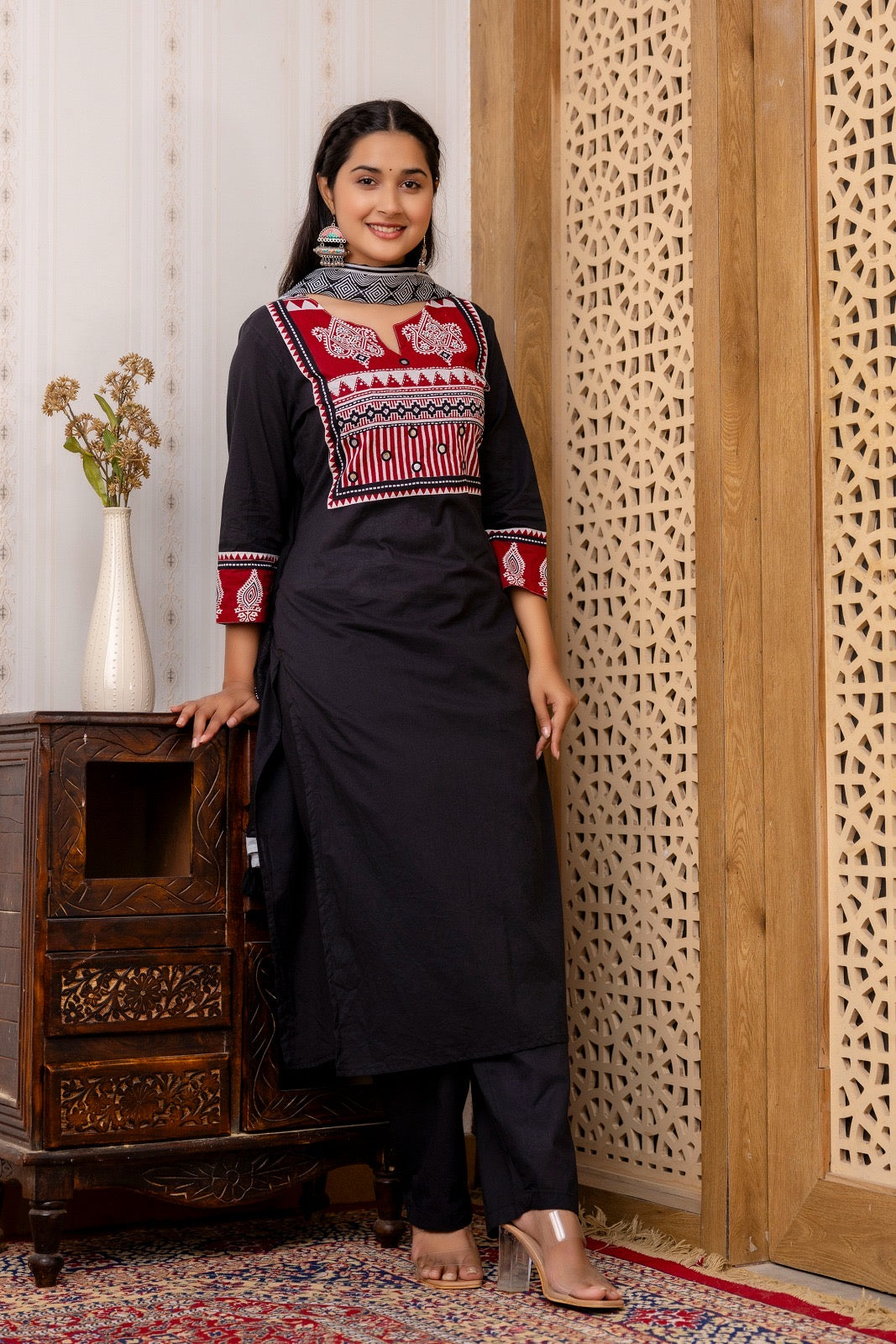 Black red Mirror work Suit Set