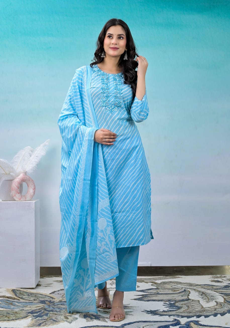 Blue Leheriya Print Mirror work Suit set