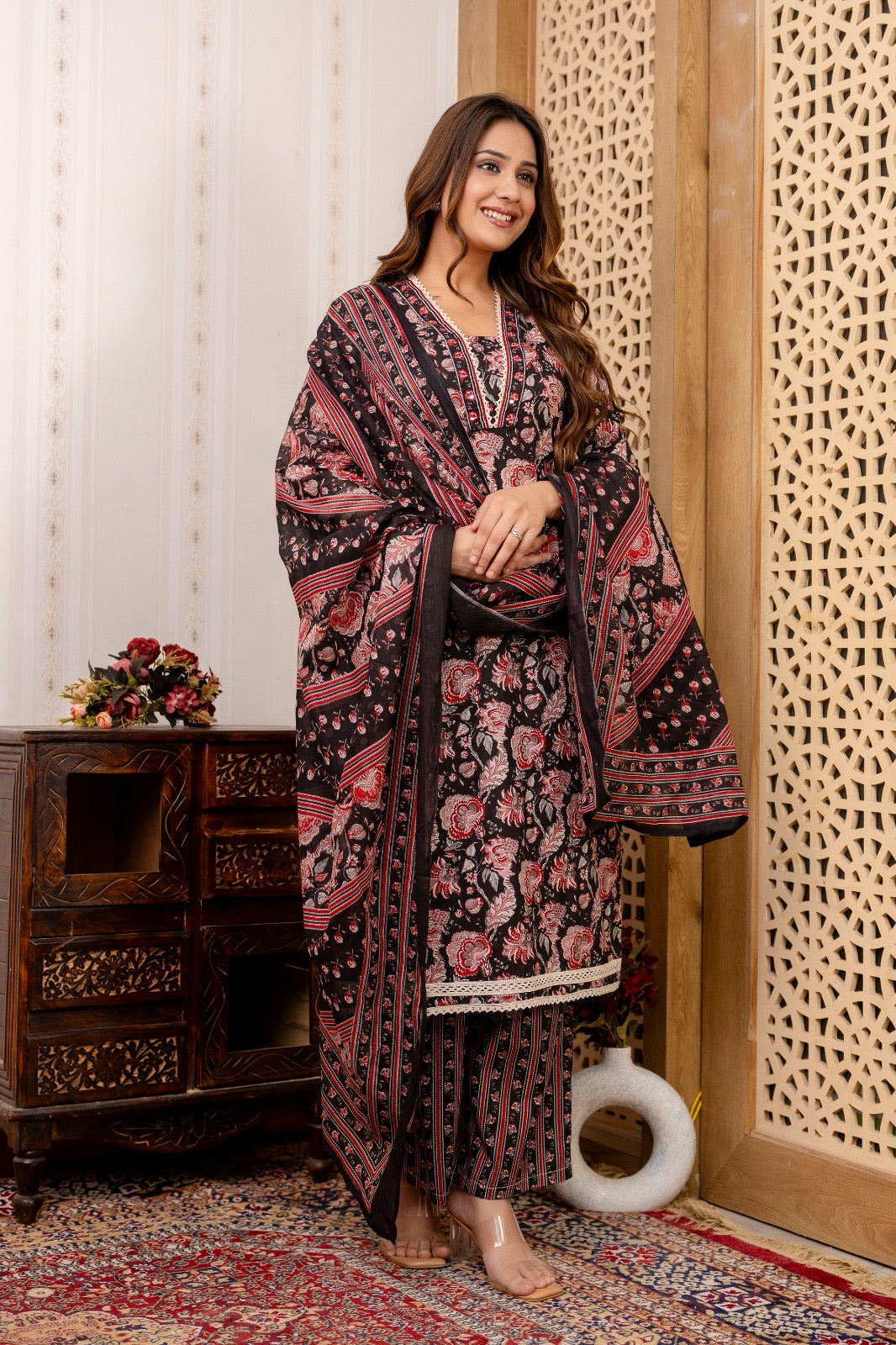 Black Floral Print Suit Set