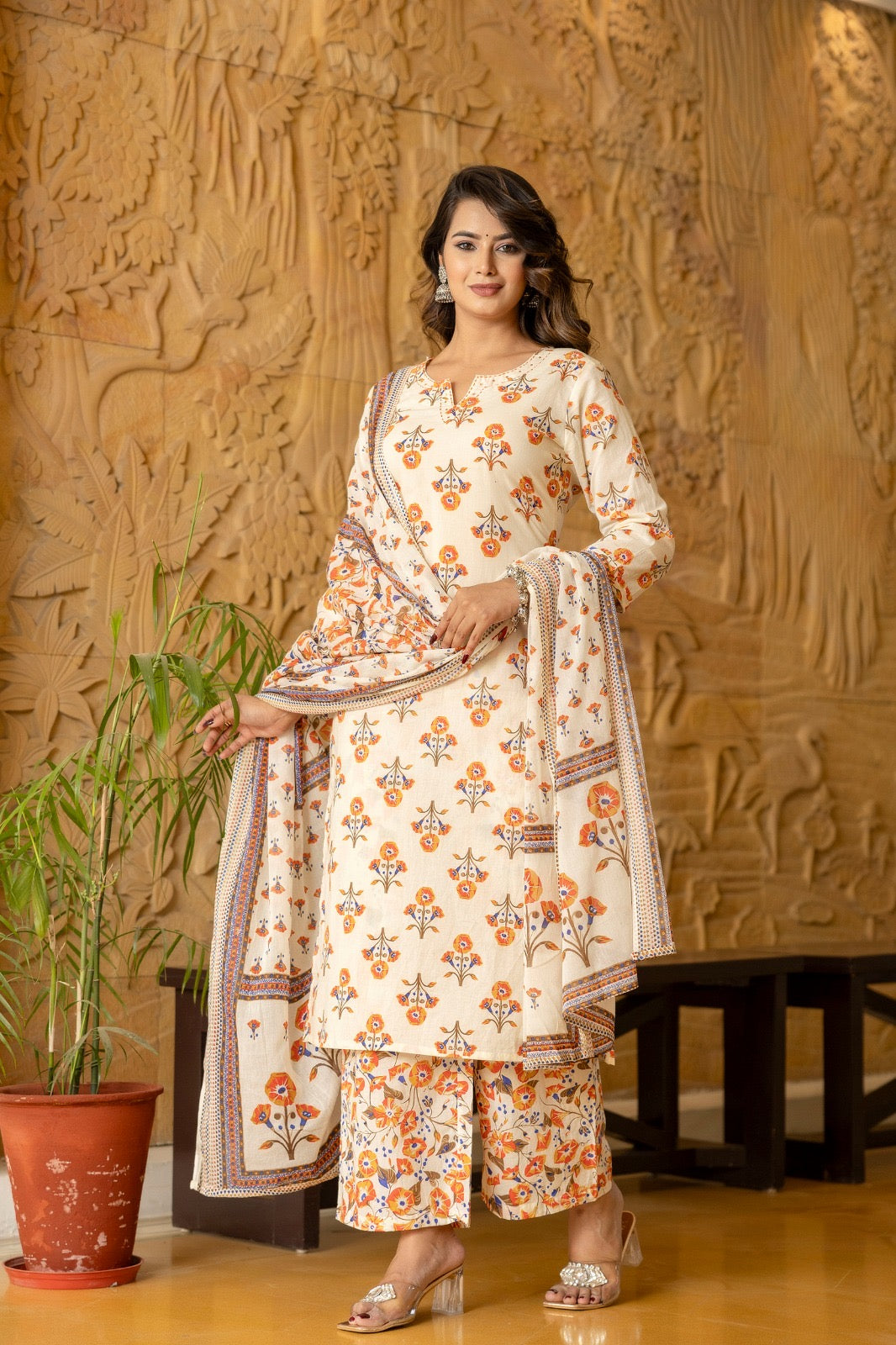 White Jand printing Plazzo Suit Set
