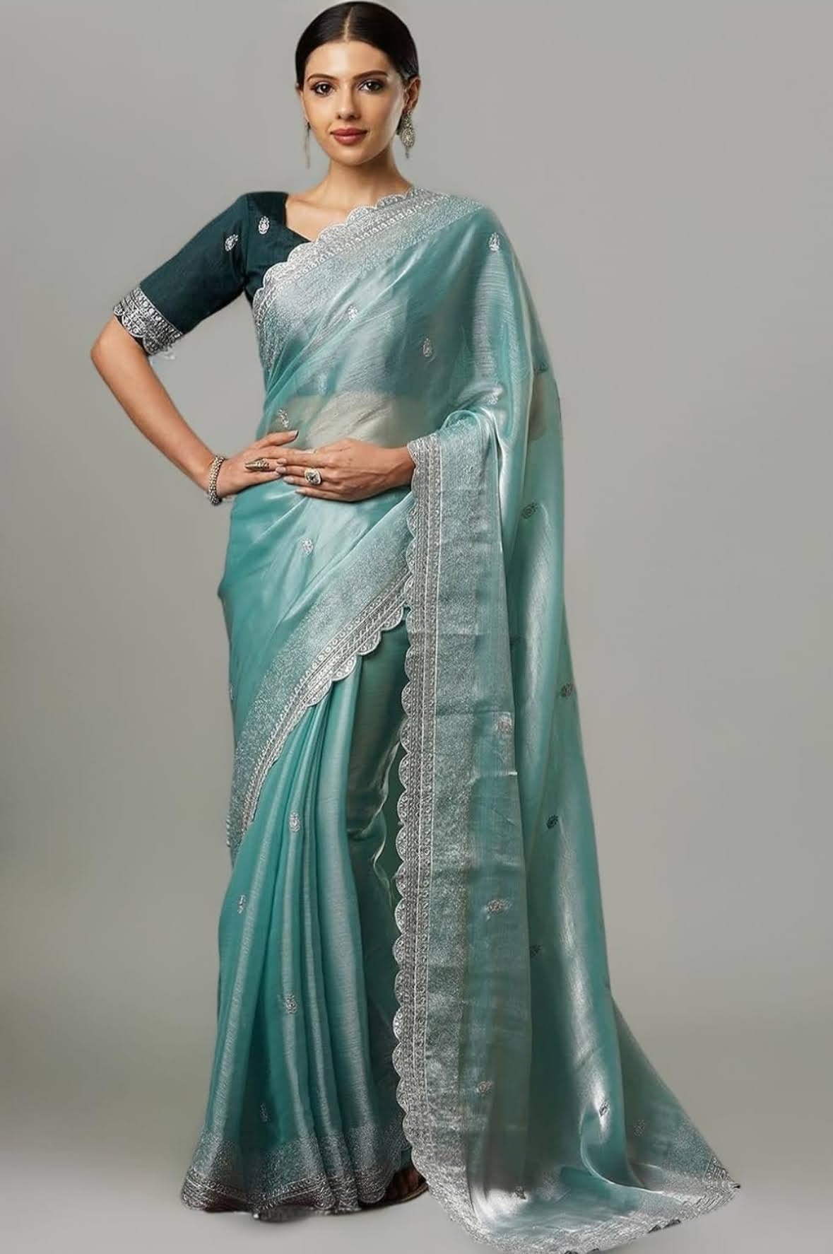 Aqua Green Tissue Silk Saree With Blue Blouse Piece
