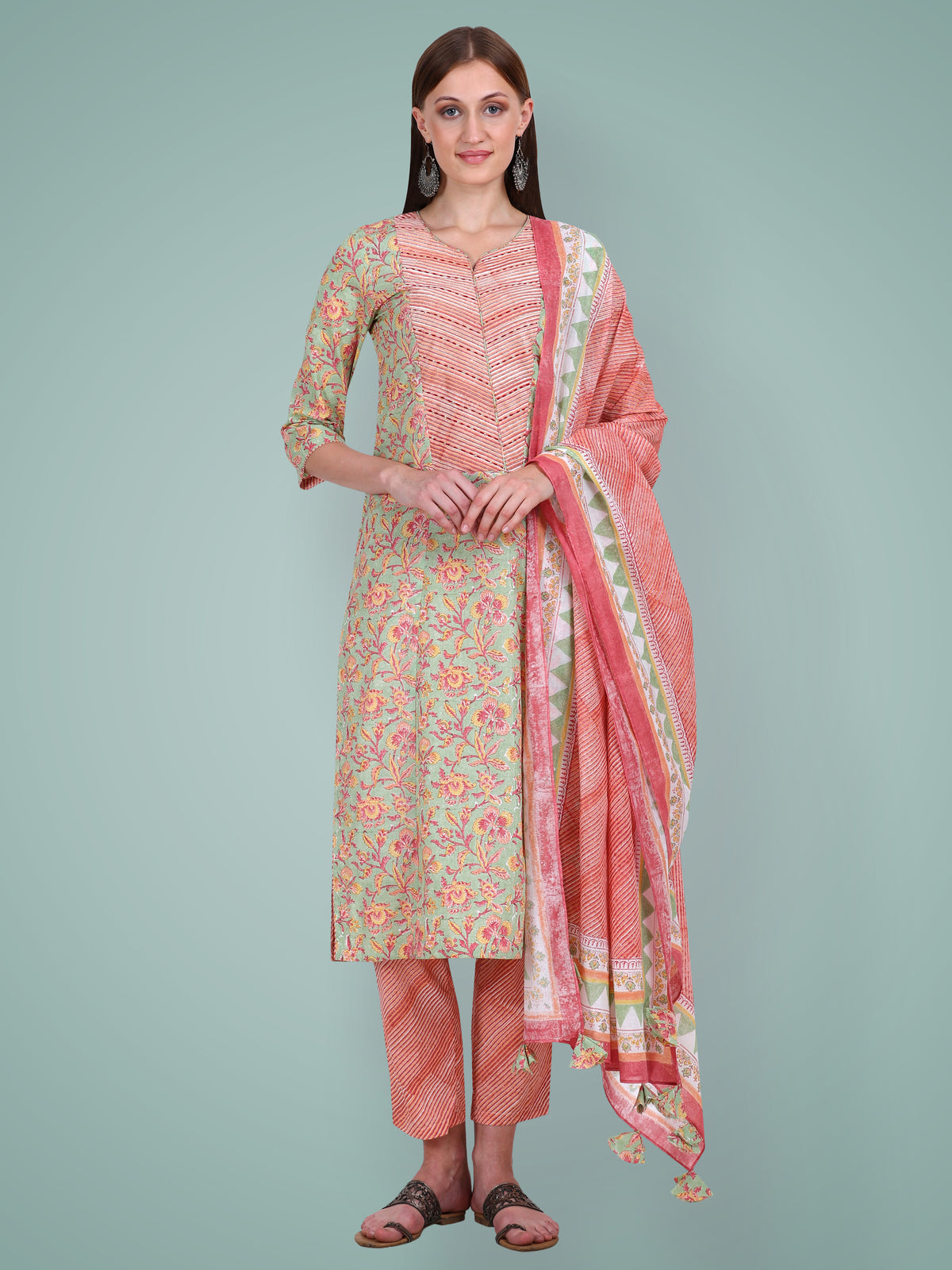 Sage Green Bagh Block printed & Embroidered Suit Set