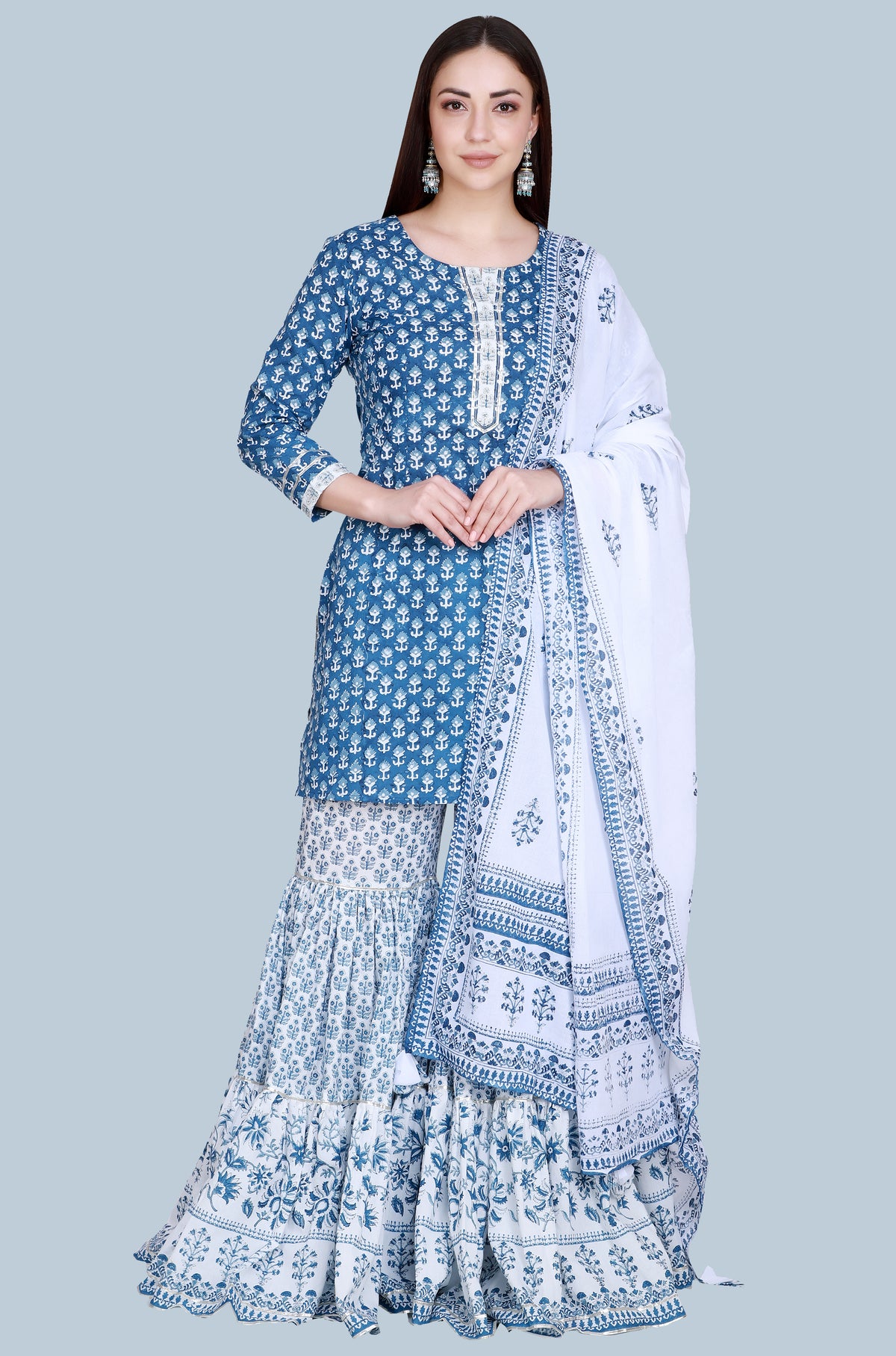 Indigo Hand Block Printed Sharara Suit Set