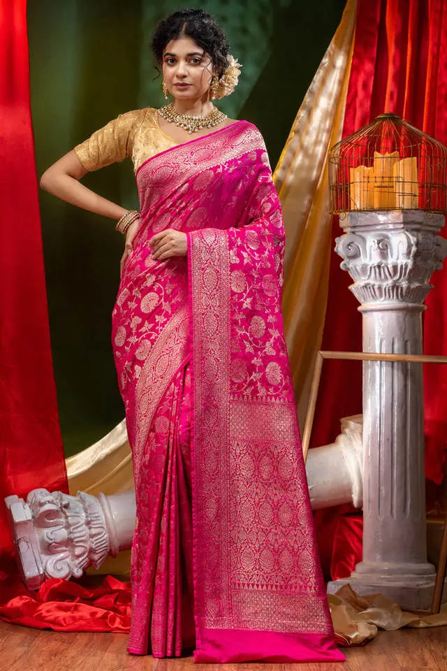 Rani Pink Kattan Silk Saree with Zari work and Blouse Piece